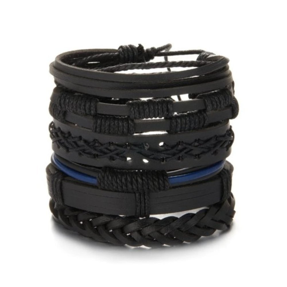 Men's Genuine Leather Black & Blue Braid Bracelet Set